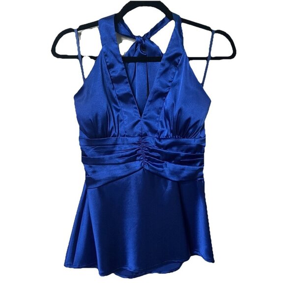 Y2K Le Chateau Halter Top Womens S Blue Satin Tie Up 2000s Made in Canada Prom - Picture 1 of 7